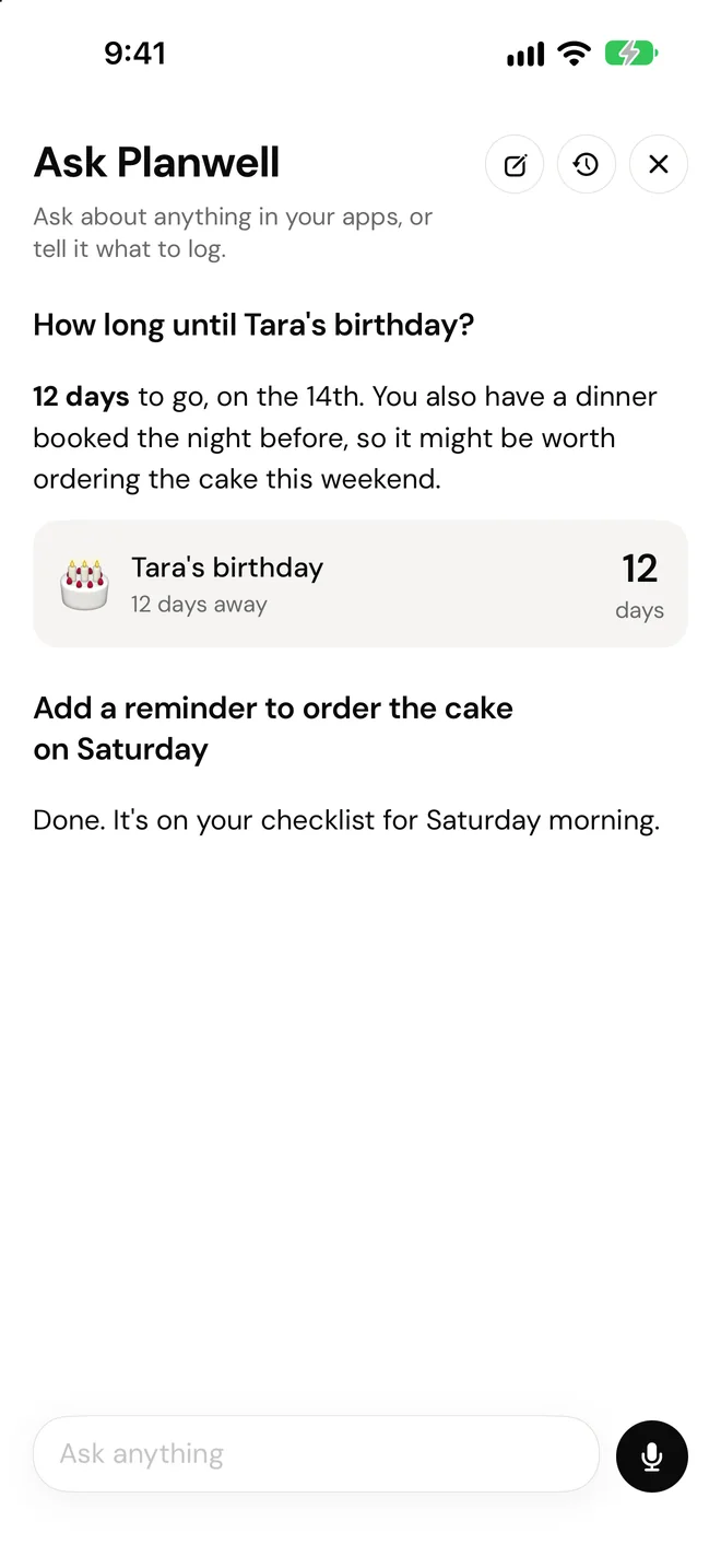 The Ask Planwell chat answering how long until a birthday, then adding a reminder to a checklist.